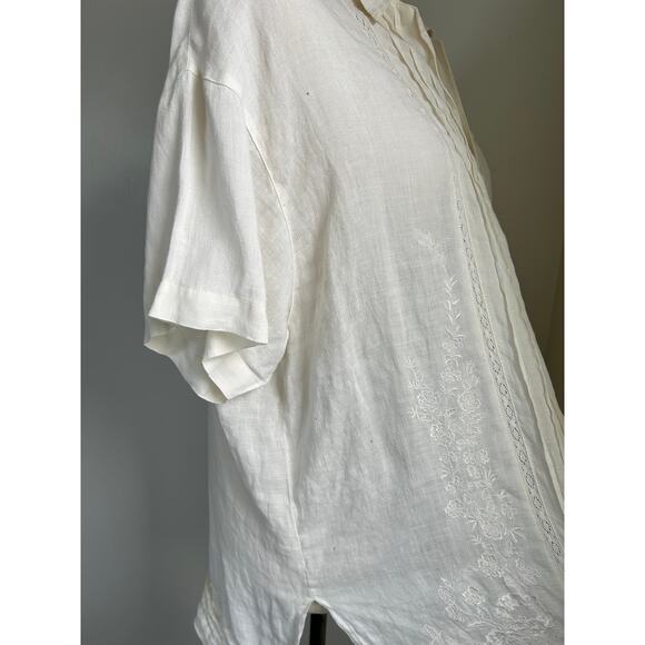Laura Ashley Ivory Floral Stitch Short Sleeve Button Blouse Shirt 100% Linen, 4 - Picture 5 of 7